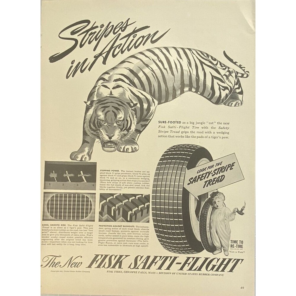 Fisk Safti-Flight Tires "Stripes in Action" Tiger Baby Vintage Print Ad 1941